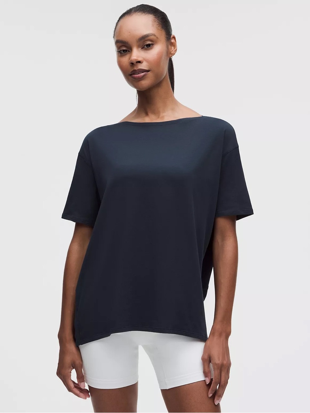 Lululemon Back in Action Relaxed Boatneck short sleeve shirt Navy sz 12
